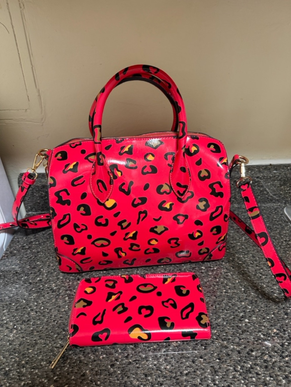 Hot Pink Leopard Print Satchel Handbag with Wallet